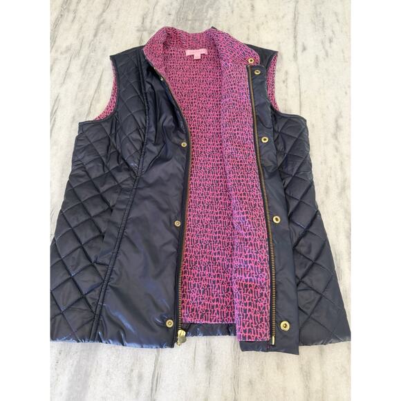 Lilly Pulitzer Blue Quilted Puffer Vest Size Small Pink Logo Print Knit Lining - Picture 6 of 10